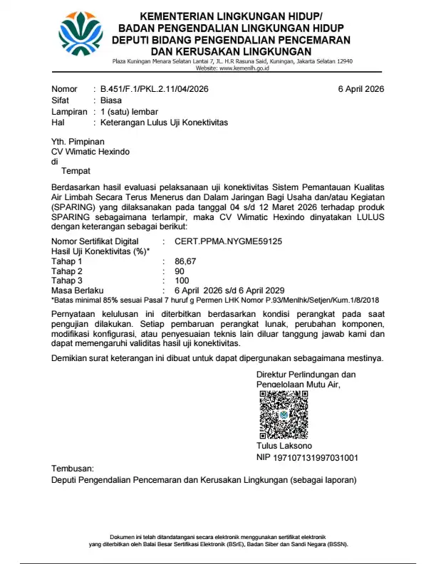 Surat keterangan Wimatic lulus uji konektivitas SPARING KLHK